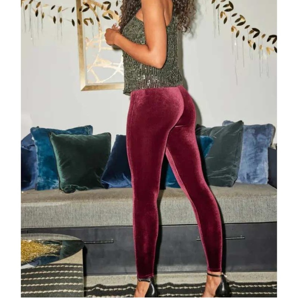 SPANX 2070 Rich Burgundy Red Velour Velvet‎ Leggings Size L Shapewear Holiday